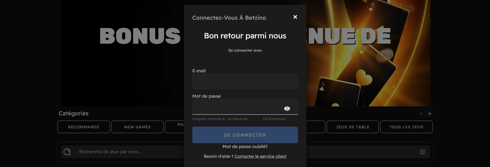 Page de connexion et d'inscription Betzino Casino